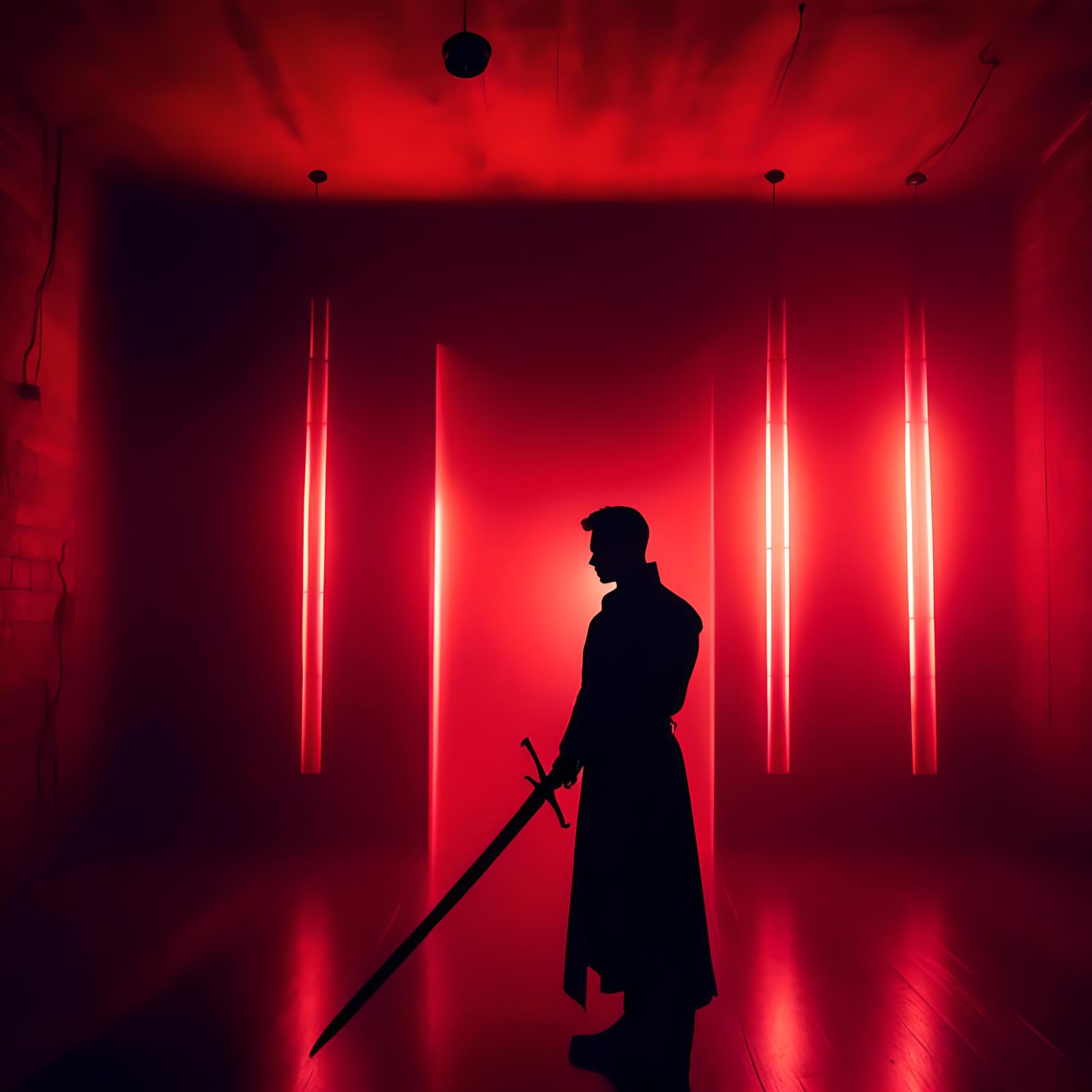 Silhouetted Swordsman in Dark, Red Lighting