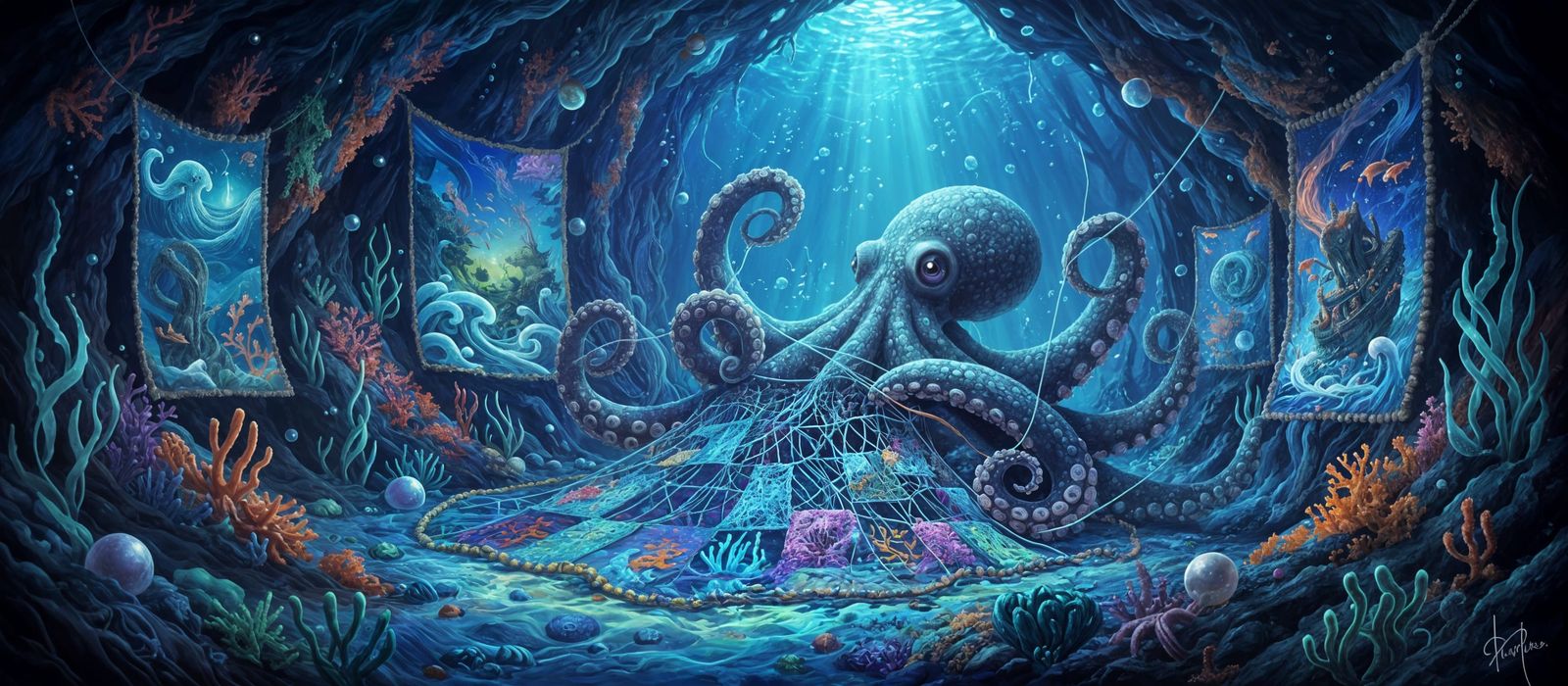 An octopus meticulously weaves intricate tapestries  by @Immaculum