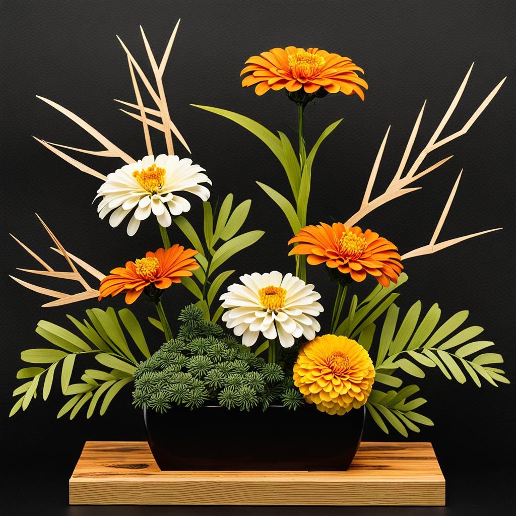 Ikebana Flower Arrangement with Zinnias and Abstract Branche...