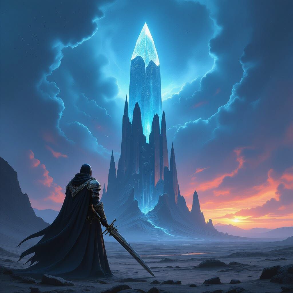 A lone knight in ornate, dark fantasy armor stands on a desolate, post-apocalyptic plain, gazing at a colossal, gravity-defying crystalline ...