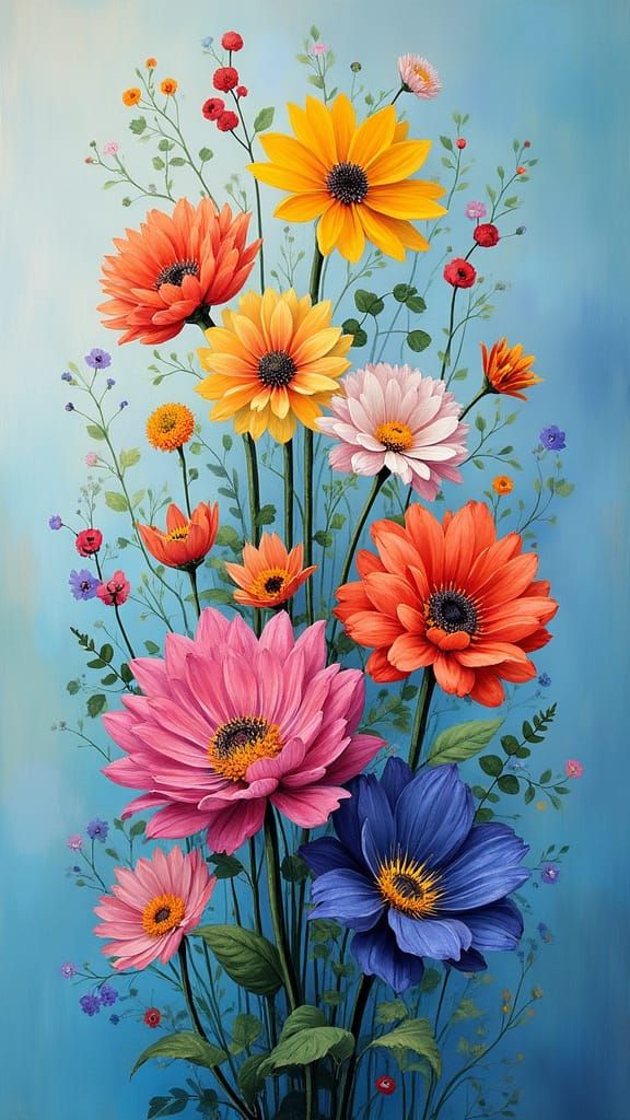 Whimsical Floral Tapestry in Soft Blue Hues