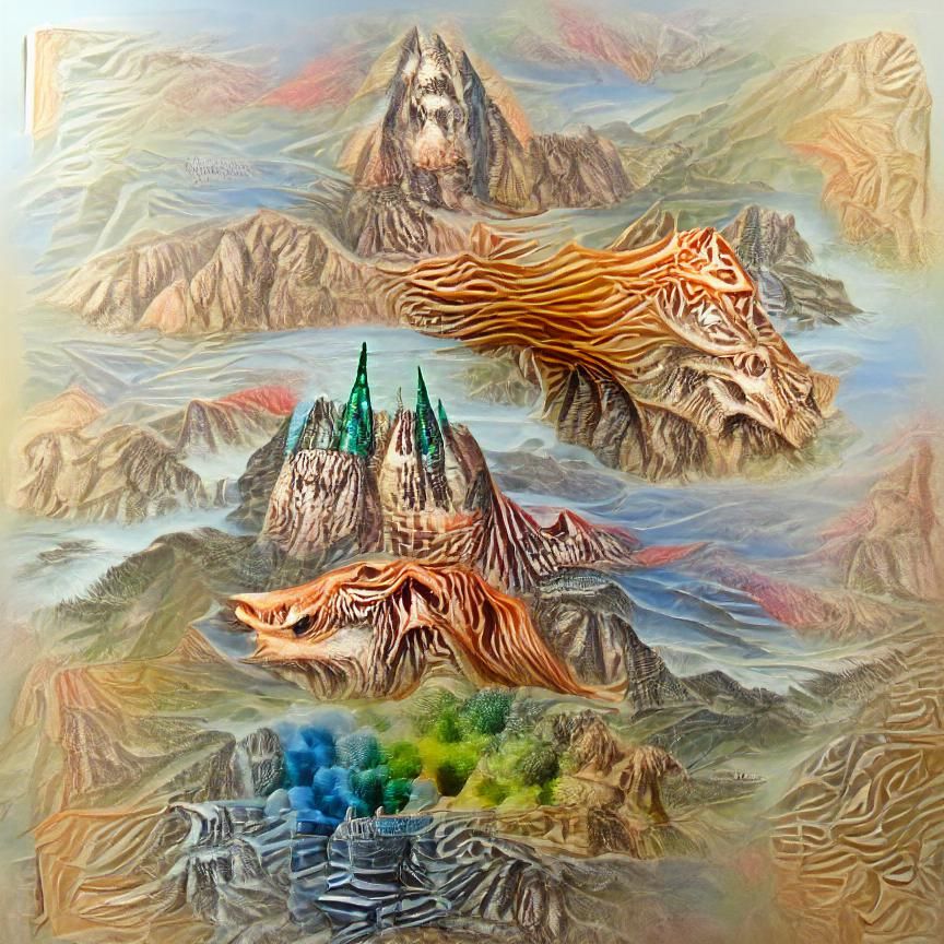 Hazy foggy mountains with castles