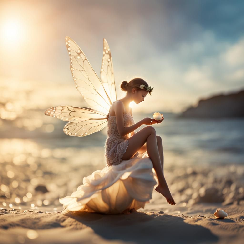 fairy on the beach holding a tiny shell in her hand  by @Namelesstoon