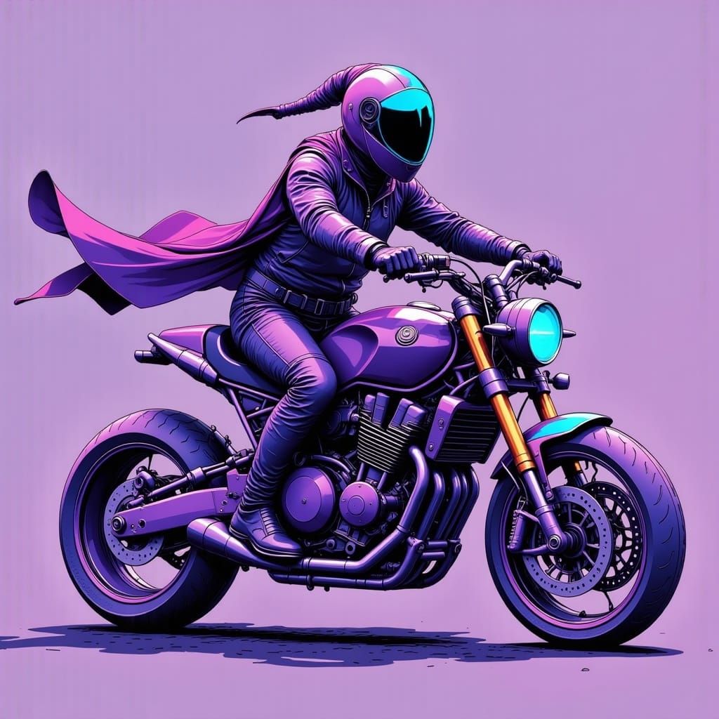 A wizard riding a futuristic motorcycle. <lora:Nebula Nectar:1.0> Ultraviolet, Gradient Viridian & Vermilion, sketch ,