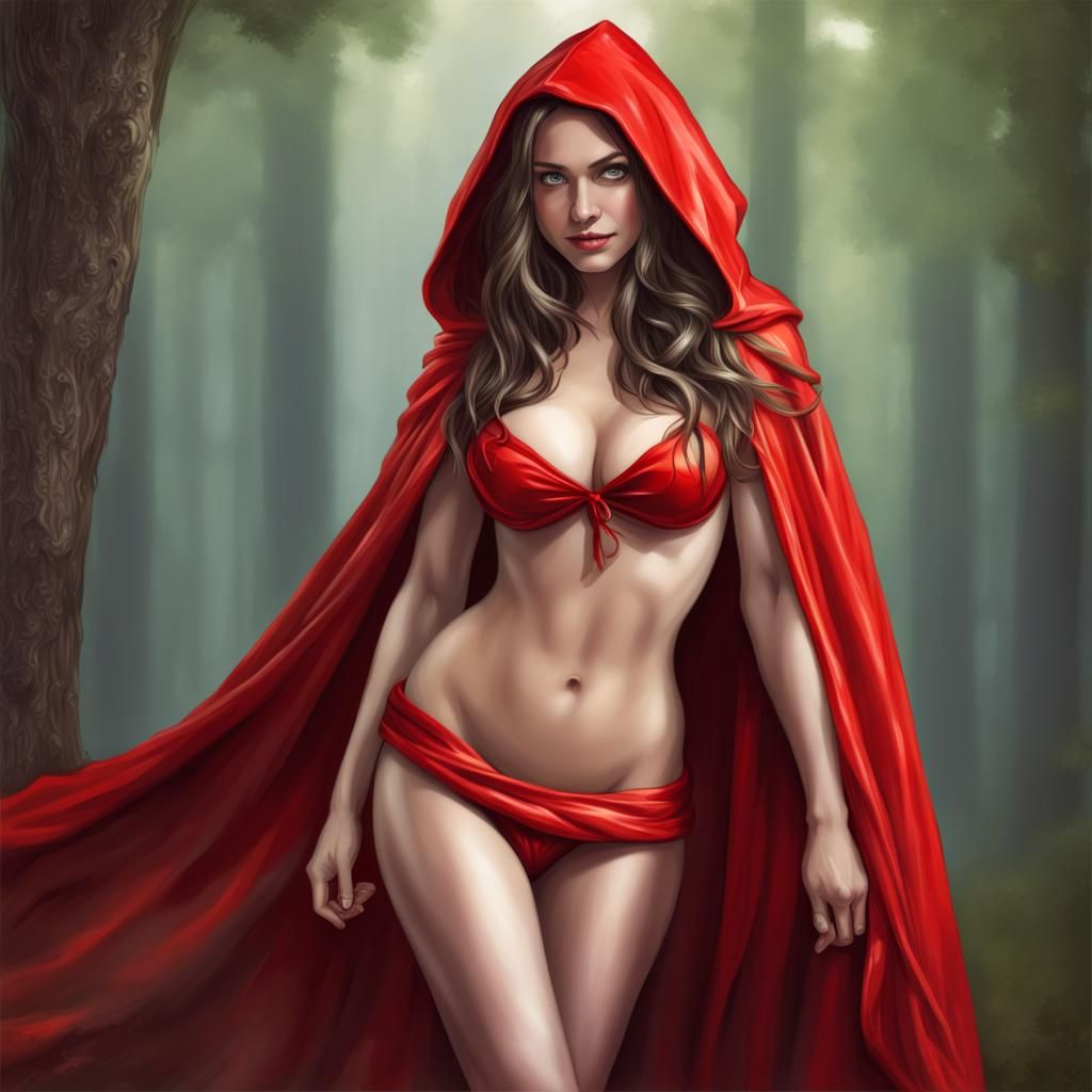 full length image of a halfnaked Red riding hood wrapped only in