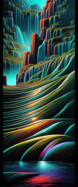 Caída de agua bioluminescente meticulosamente detallada; Sim...