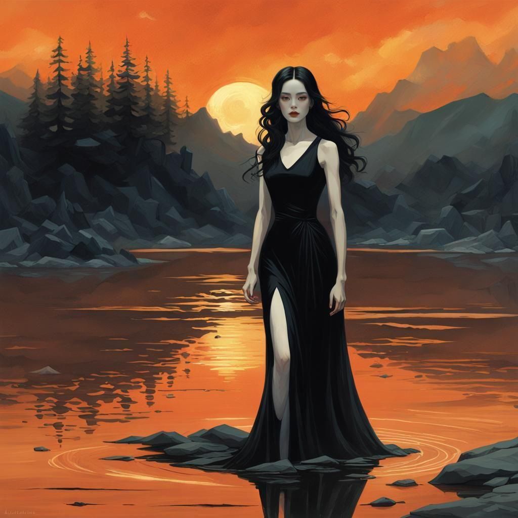Ominous Woman in Black Dress by Orange Lake