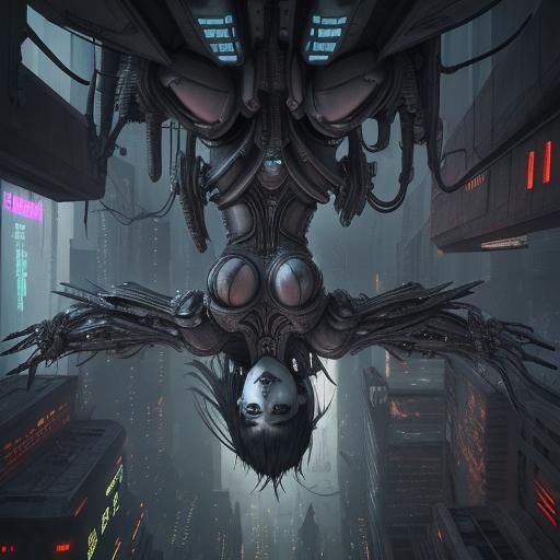 upside down cyberpunk city h.r. giger spooky cyberpunk biomechanical upsidedown upside down city  by @Lilith Rebourne
