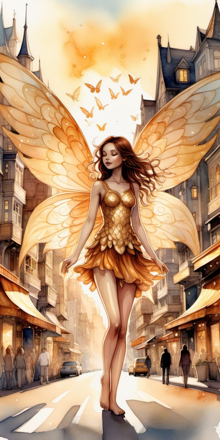 a fairy with wings and brown brunette hair colour stands amidst the bustling streets watercolour fantasy illustration.