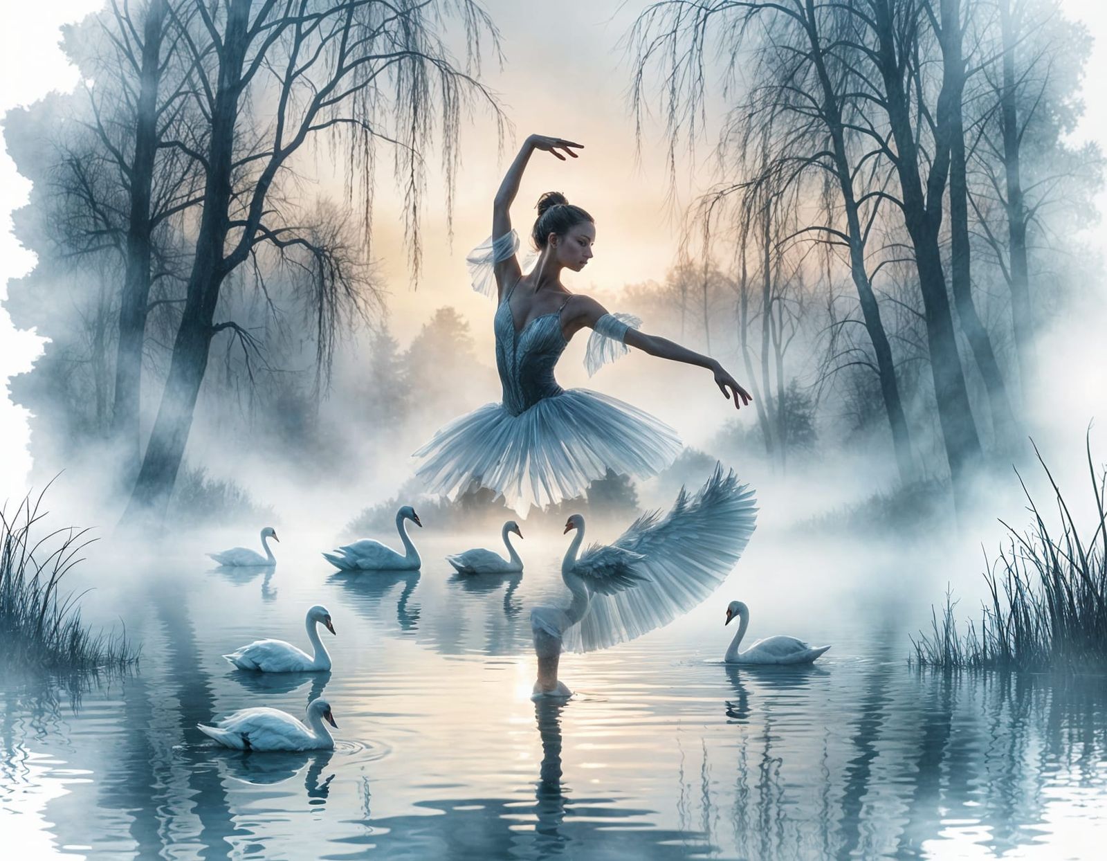 A hauntingly elegant double exposure artwork inspired by the ballet "Swan Lake." The central figure is ...  by @Summerchild