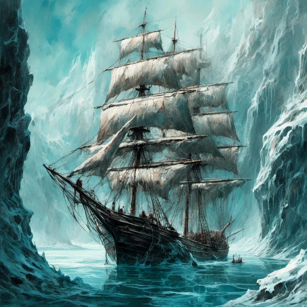  Tall sailing ship in icy waters on a calm blue sky day.  