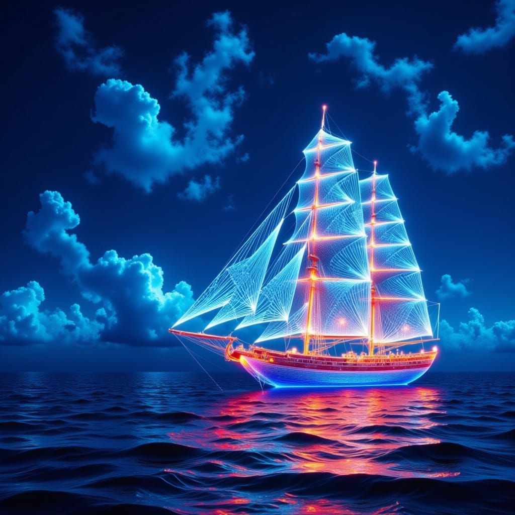 <lora:Glow:1.0> A glowing and shining A sailing ship made of luminescent strings flies through the sky. Computational string art by Petros V...