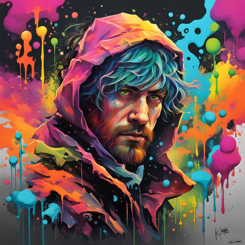 Kvothe character of book'The Name Of Wind, neon colours