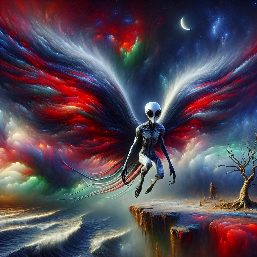 an imaginative scene over a wild sea, in the center is alien...