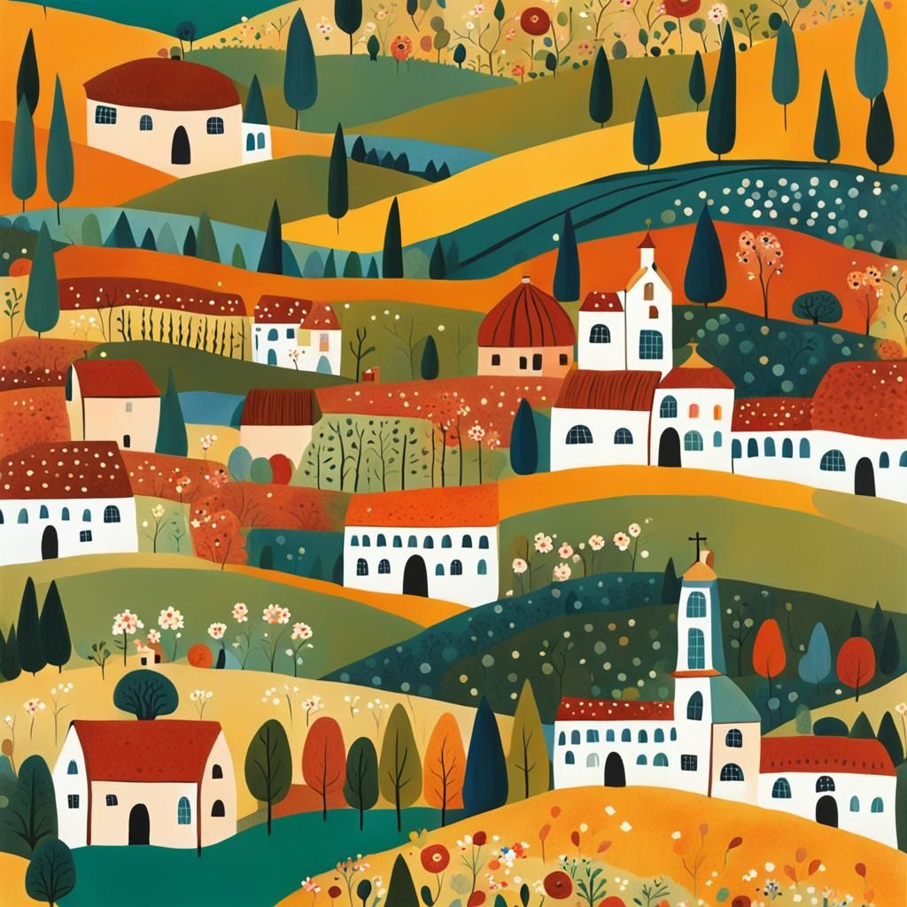 Tuscan hills, Whimsical Scandinavian folk art