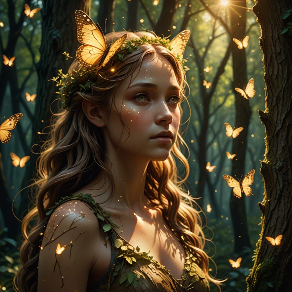 A wood nymph metamorphing from a tree in an enchanted mythical forest, 3D HD, photo quality, high res, ...  by @Kevi