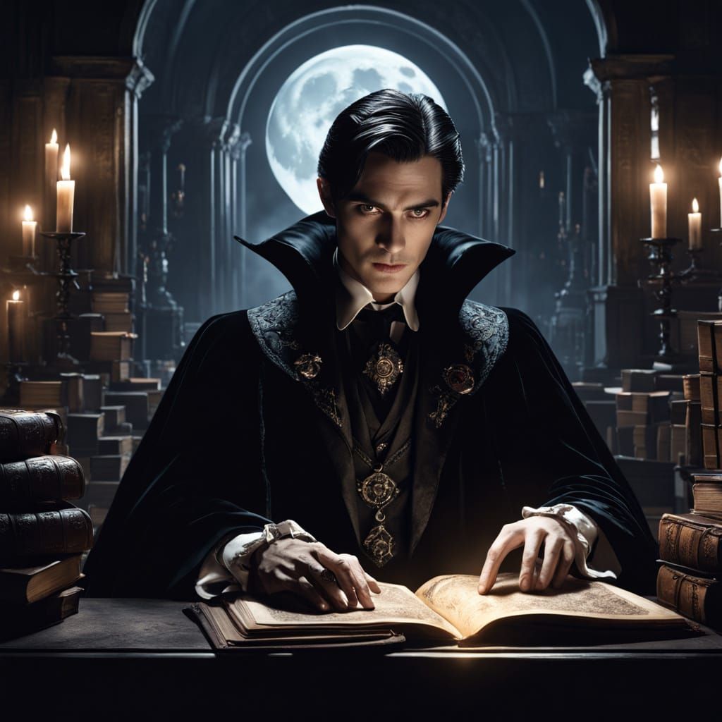 Merlin the wizard, reimagined as a dapper neo-vampire, with slicked-back dark hair and a velvet cape. He is seated in a dimly lit, opulent s...
