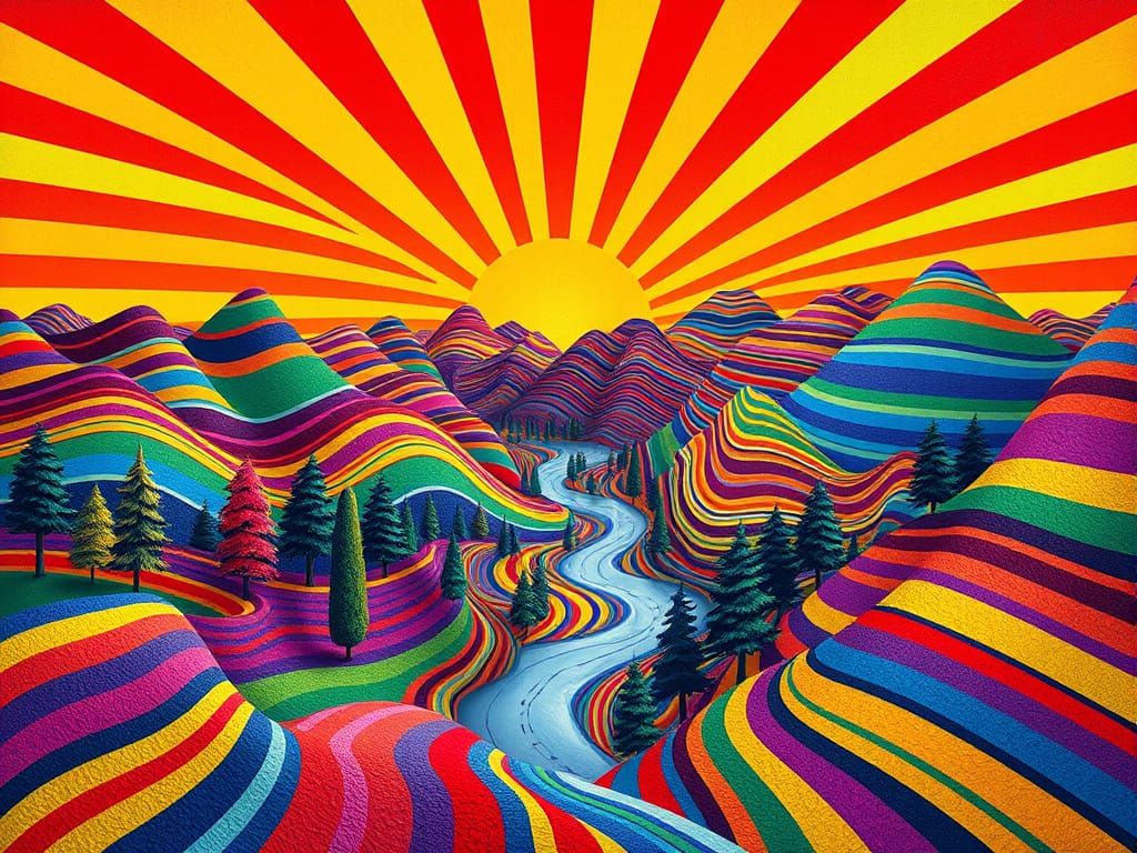A surreal landscape composed entirely of colorful stripes. The sky, mountains, trees, rivers, and ground ...  by @Missysmom