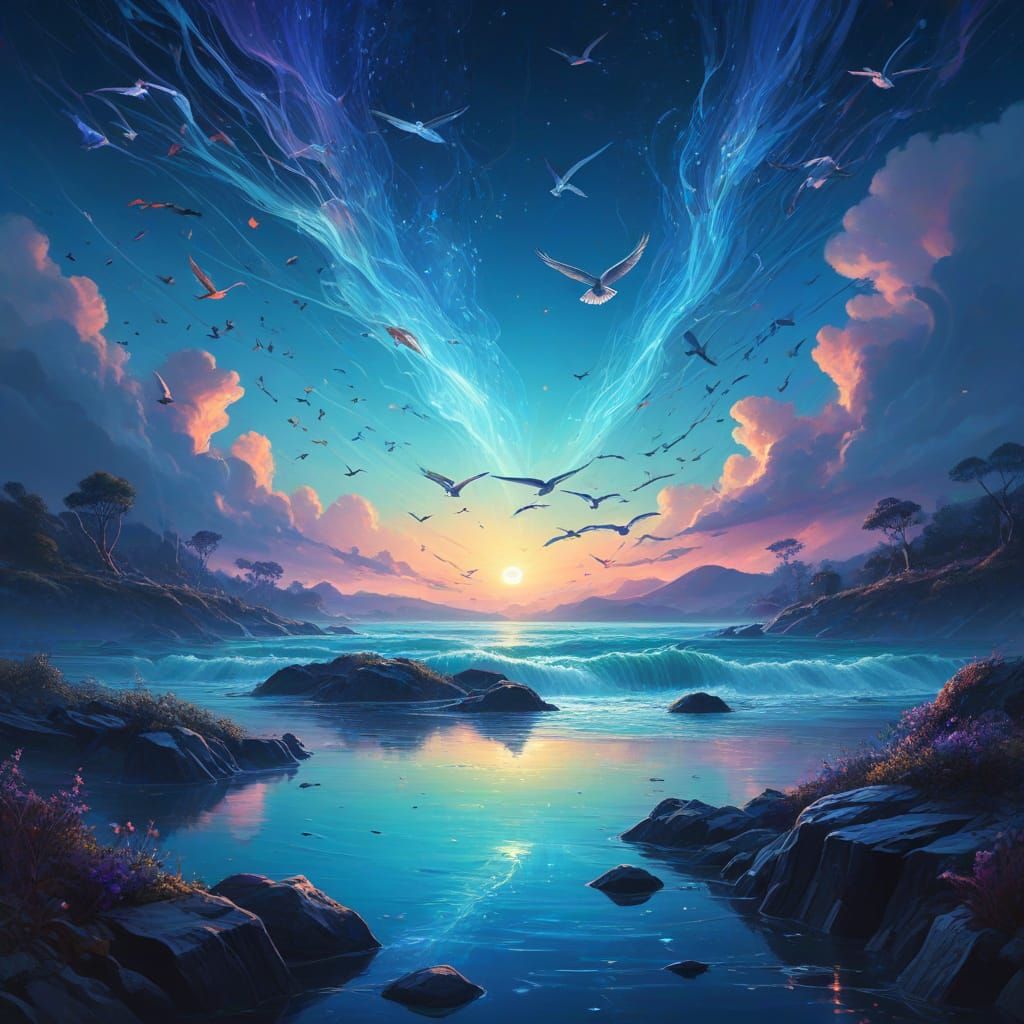 fantastical world where the sky and water are made of flowing, interconnected light