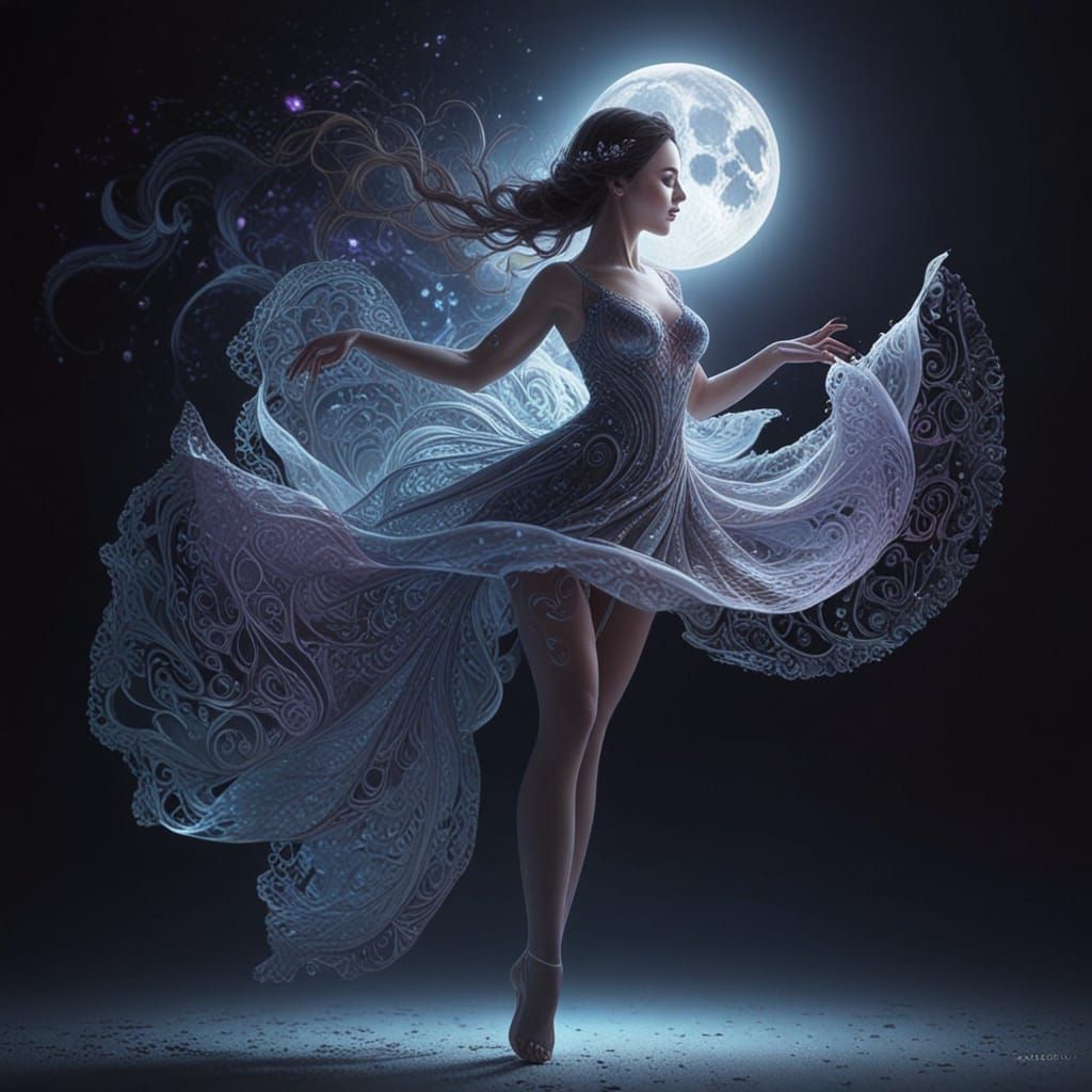Dreamy Woman Dancing in Moonlit Aura with Intricate Patterns
