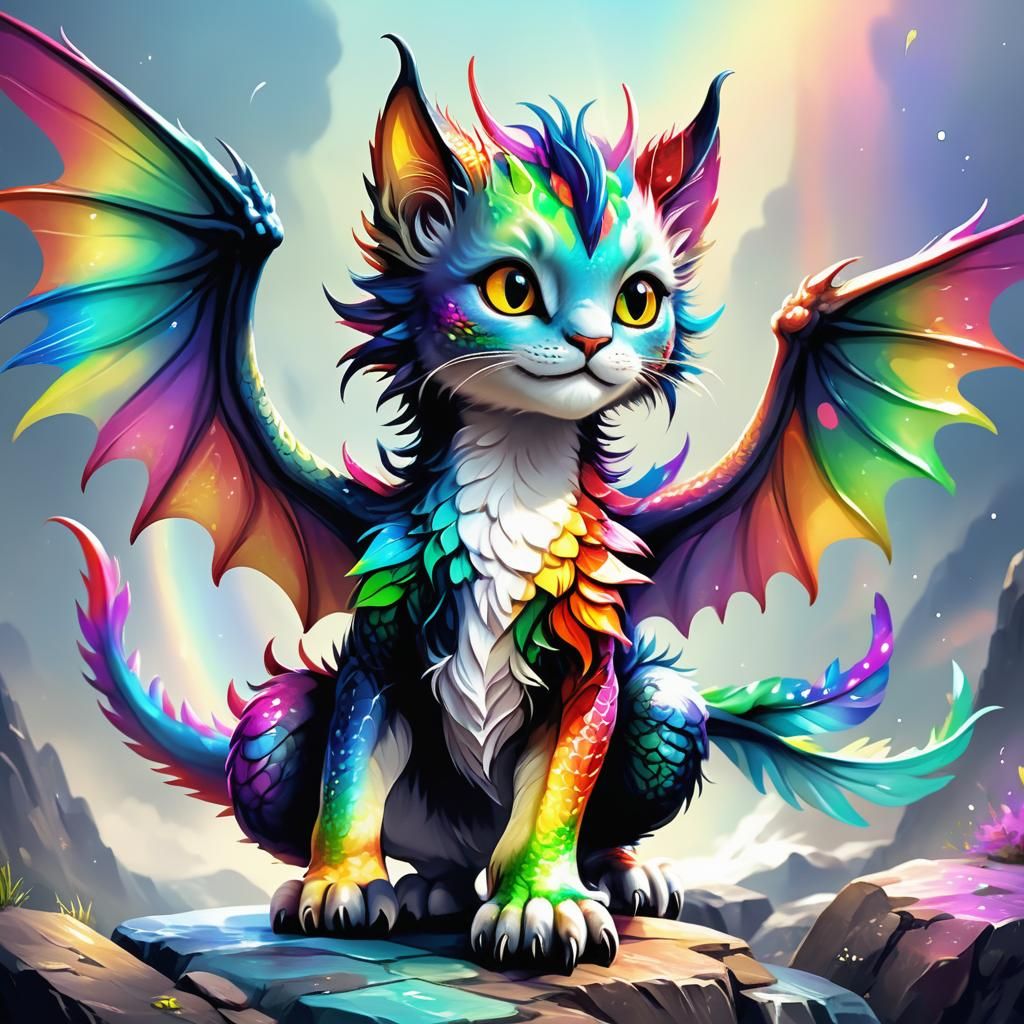 Fantasy cat-dragon hybrid with beautiful rainbow wings - AI Generated ...