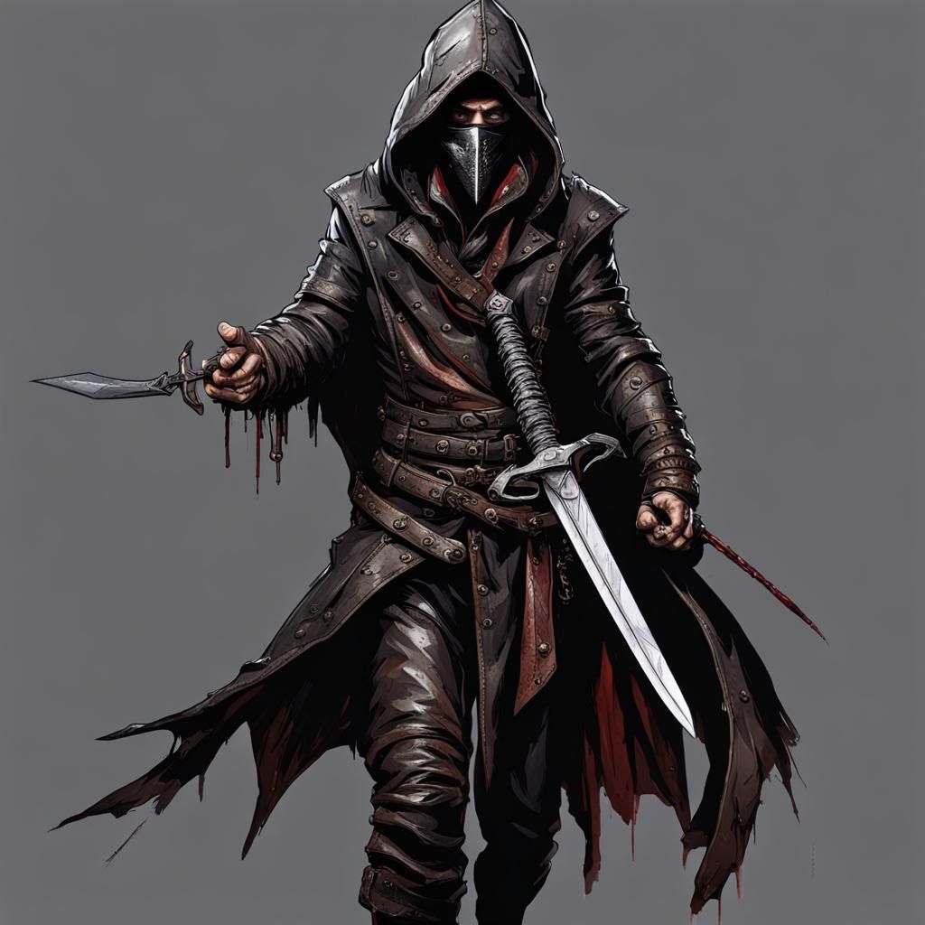 assassin in leather, hood on with a very scarred face holding a long ...