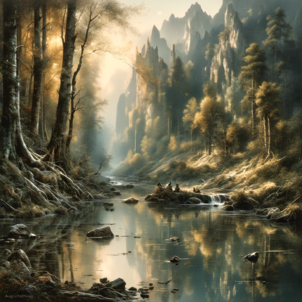  <lora:WickedlyElvenMAGIC:1.0> A quiet stream at dawn with soft light filtering through trees