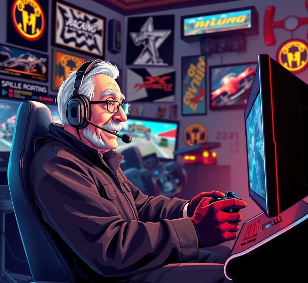Elderly Gamer Immersed in Racing Game