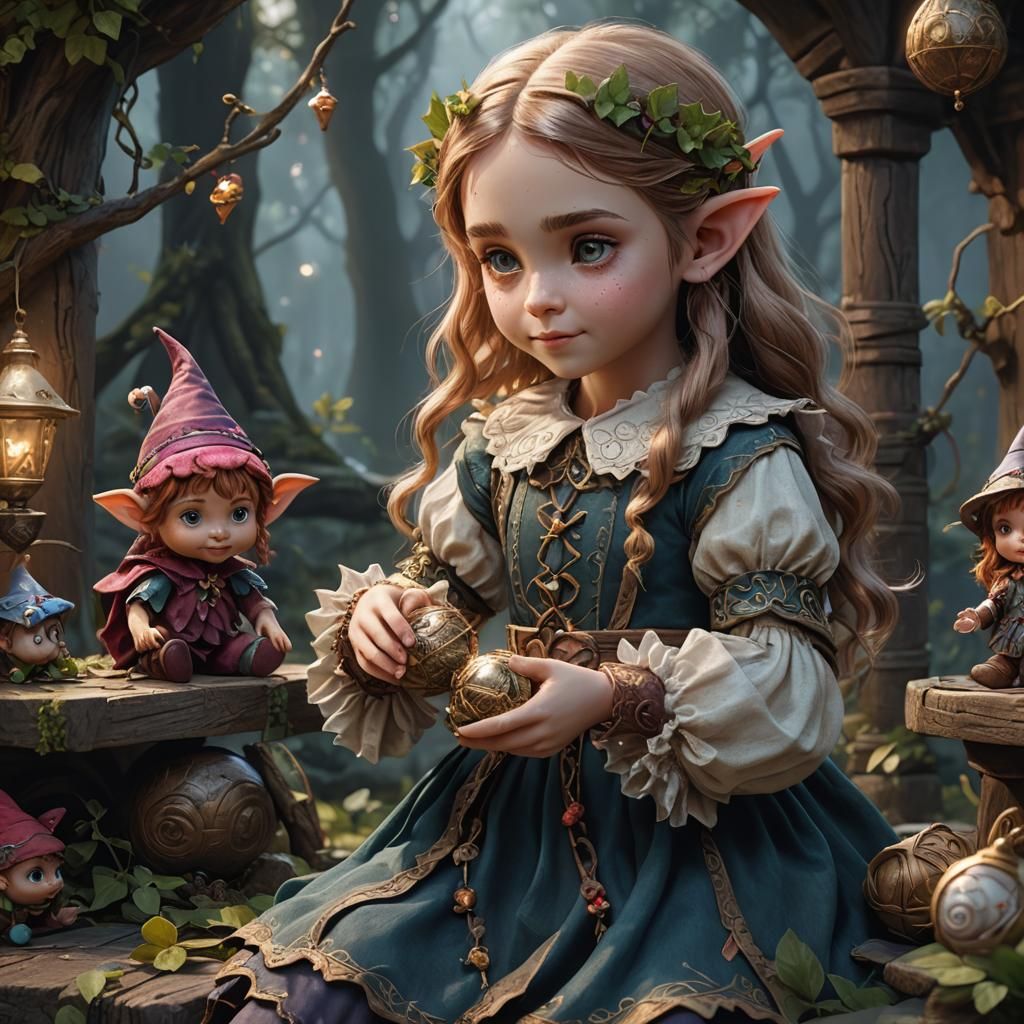 Cute little elf girl playing with a doll