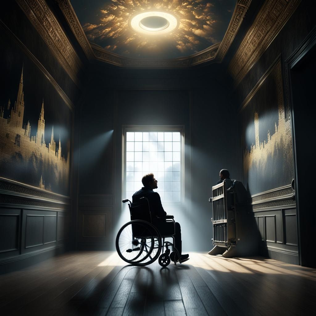 Hopeful Figure in Wheelchair Bathed in Golden Light