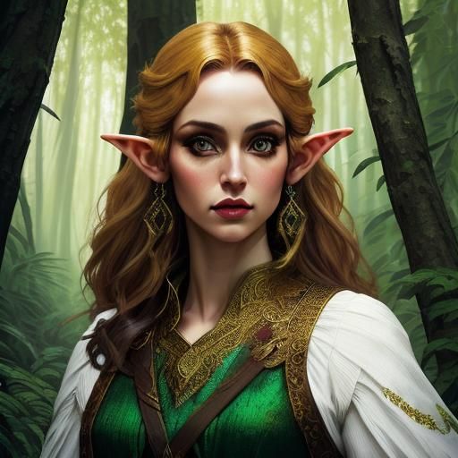 <lora:DS8 portrait:1.0>Oil painting Portrait of a beautiful female elf ranger in the forest. By Anato Finnstark. Elaborate background. High...