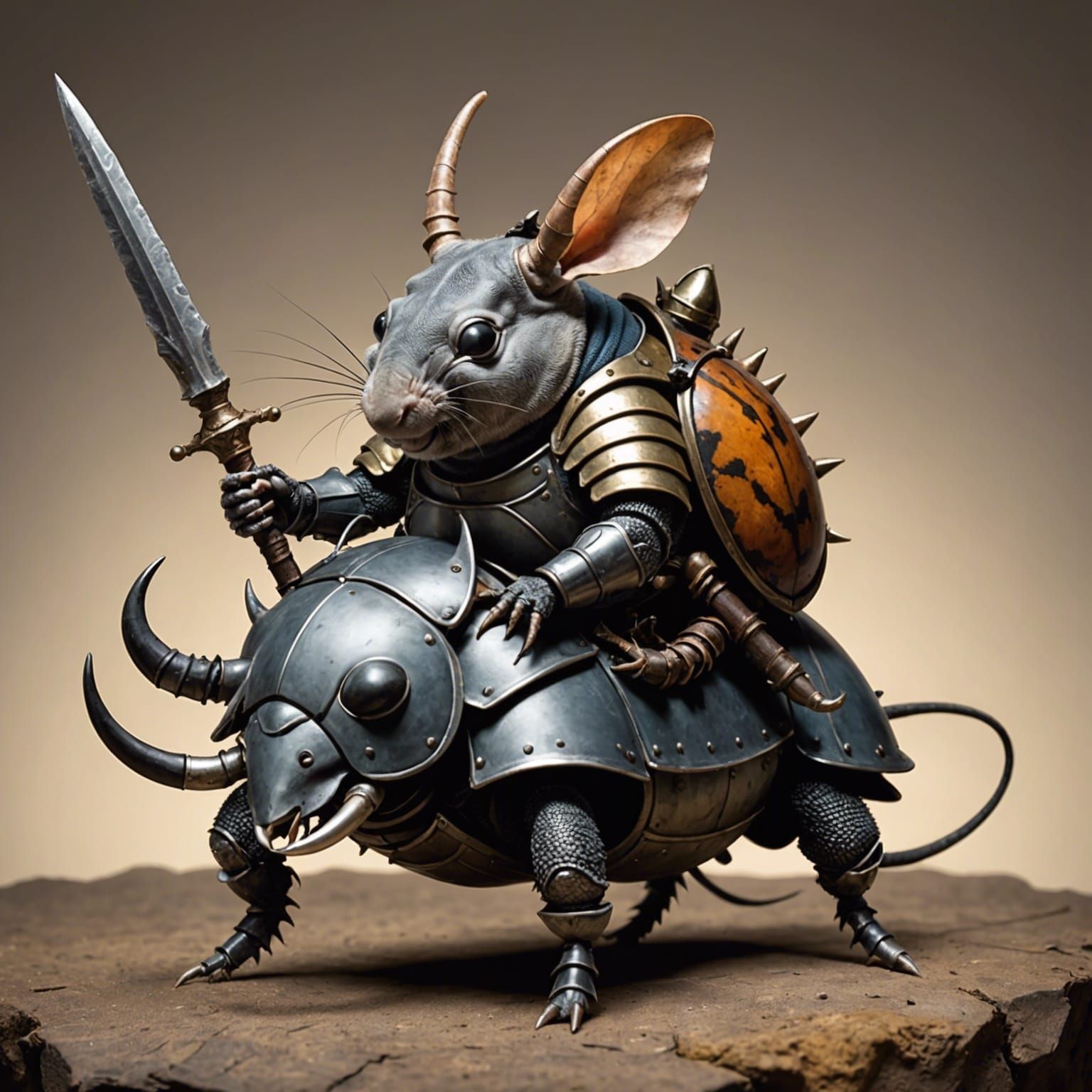 Mouse in knight armor holding a spear rides a saddled rhinoceros beetle ...