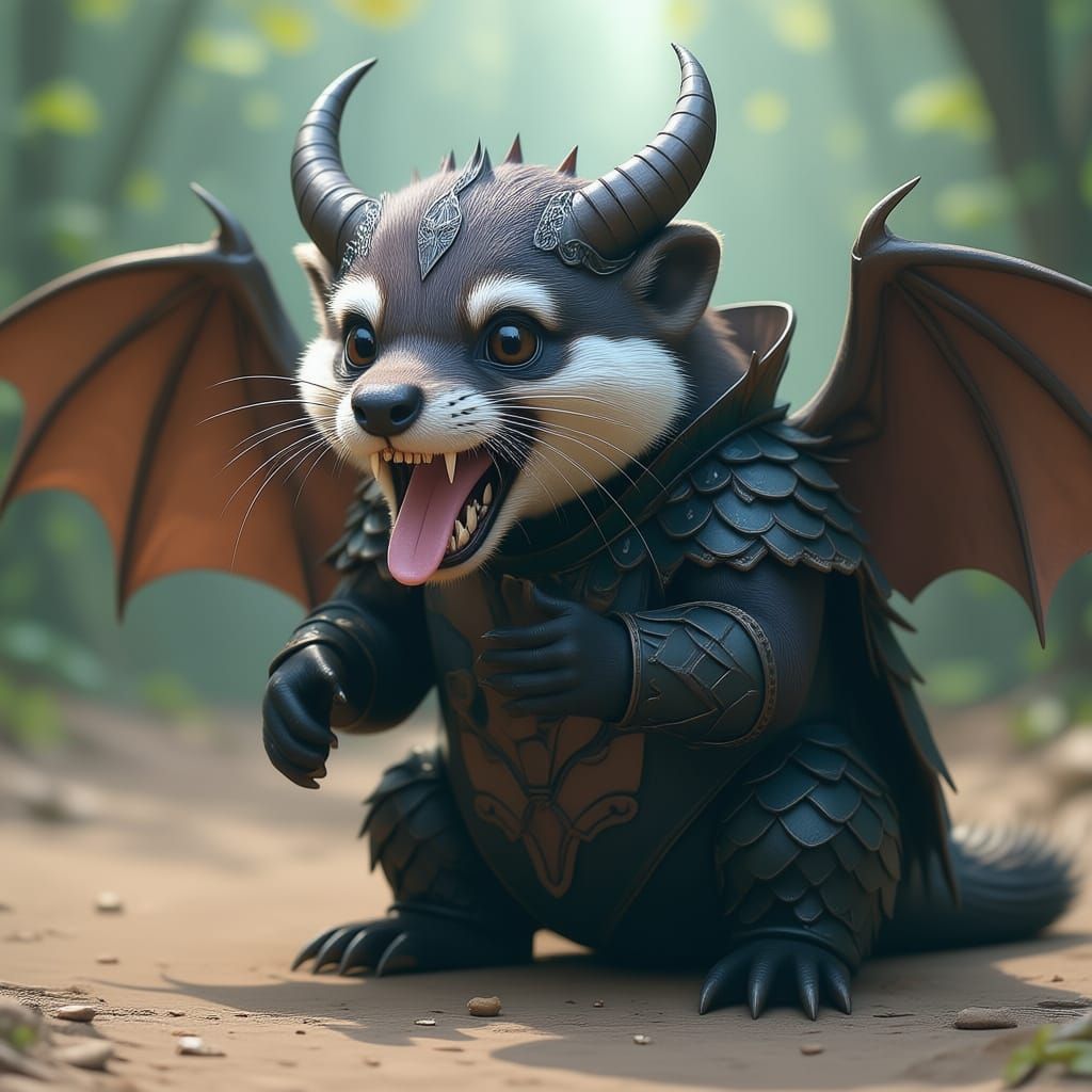 An insane looking otter wearing a demon costume while eating a tiny sloth. 