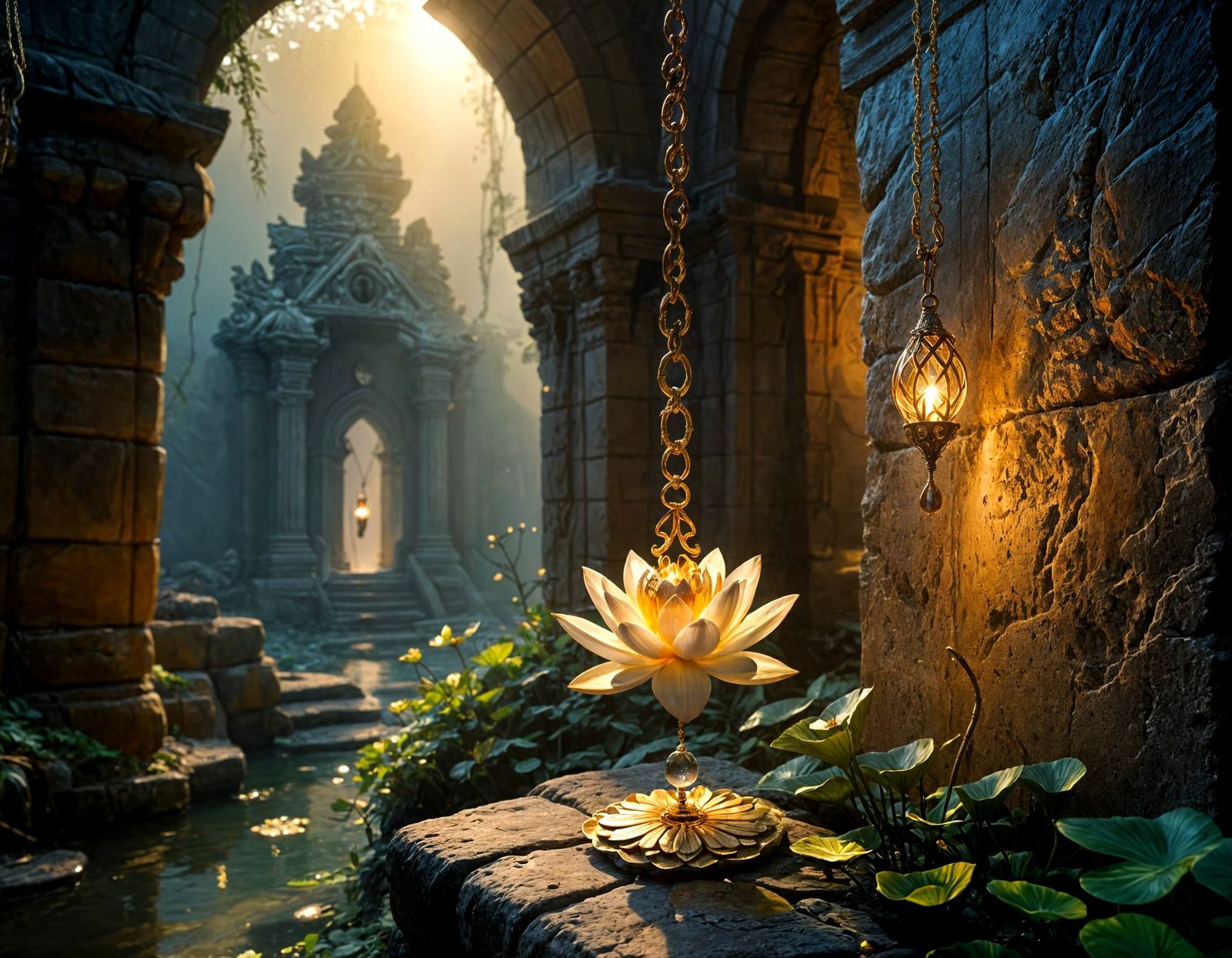 Mystical Golden Lotus Blooms with Levitating Gem in Forgotte...