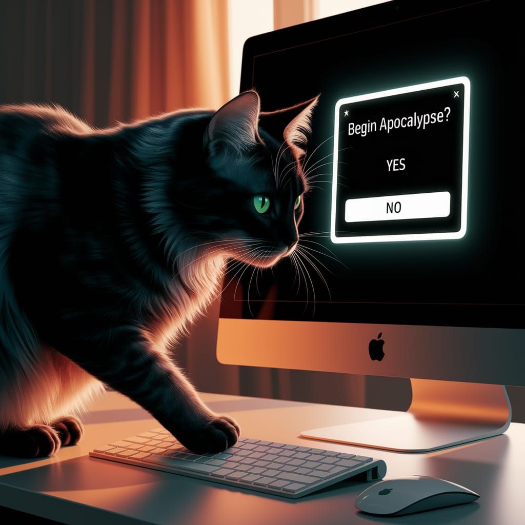 Cat about to walk on a pc keyboard, the PC monitor displays a window saying, "Begin apocalypse?"with ...  by @Avgustin