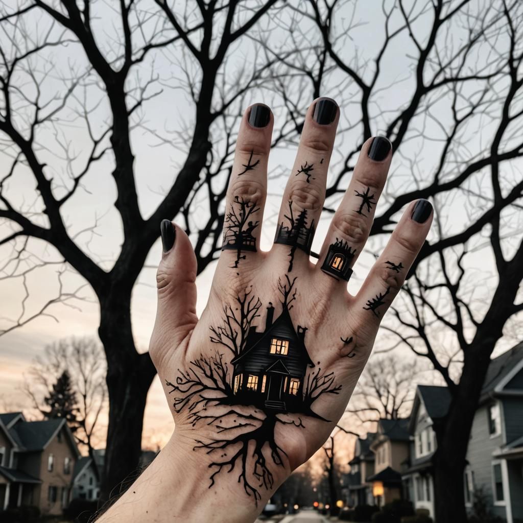 A minimalist tattoo design on the palm of a hand, featuring the silhouette of a haunted house in the center. The house's windows glow eerily...