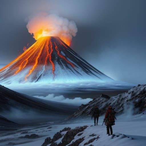 Group on Snowy Volcano with Fiery Eruption