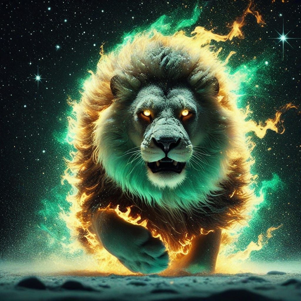 Close-up Photograph: Fierce Obese Lion; Fuzzy fur and deep Golden eyes, engulfed in glowing Green flames that dance across its burly body, c...