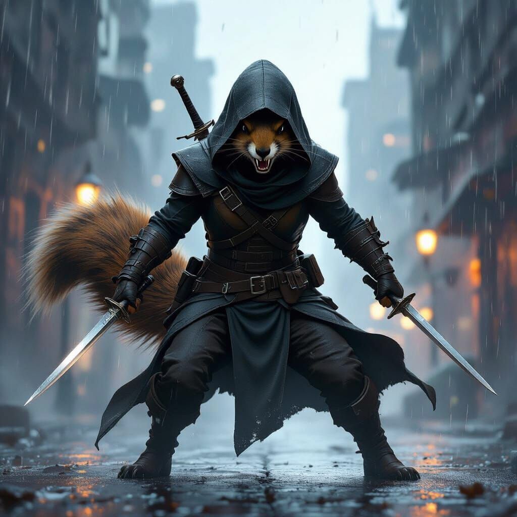 A squirrel rogue baring teeth with leather hood and cloak wielding two daggers in cinematic mode with dark city background
