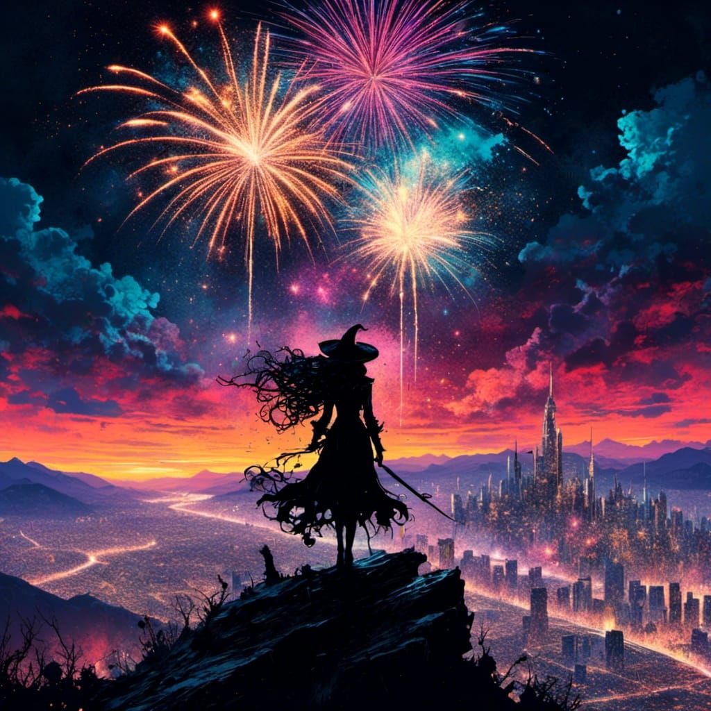 witch silhouette in the mountain overlooking the city fireworks ...