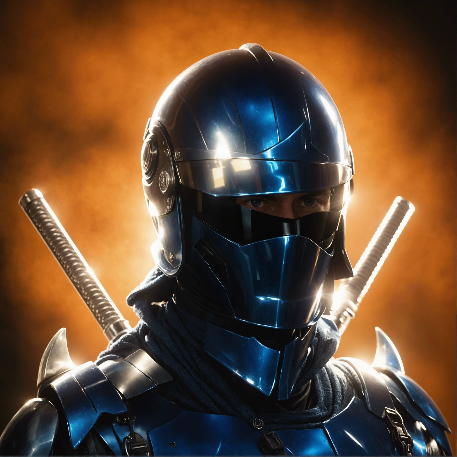 A muscled man wearing shiny blue metallic armour with a thic...
