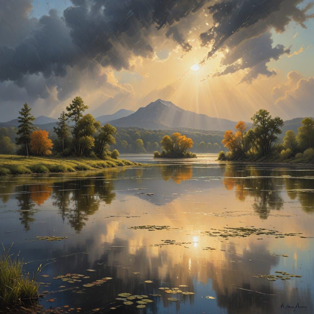 Serene Rural Landscape with Rainy Lake in Oil-Painted Style