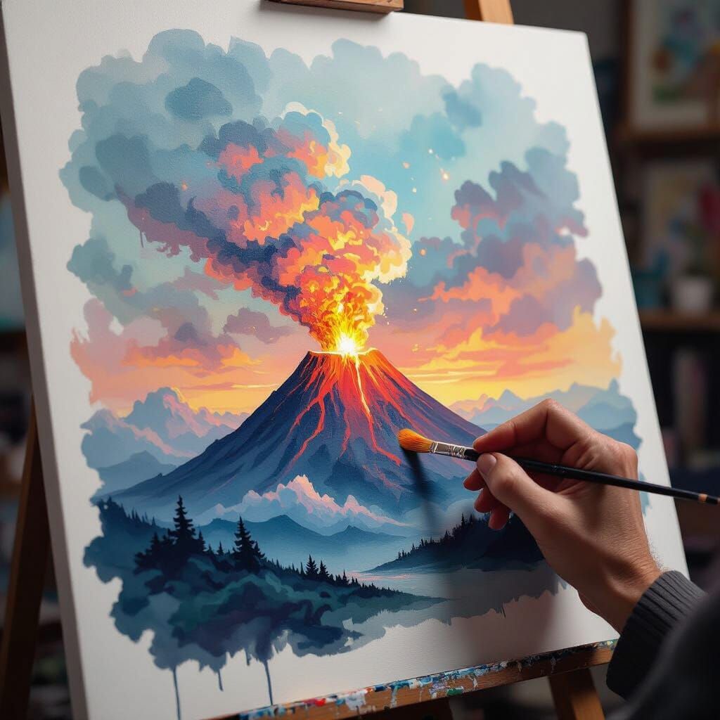 Dreamy color, Allegory style, (Art style by Casey Bo: 1.1), painting of a volcano on a white canvas, and a man's hand painting it. Thick bru...