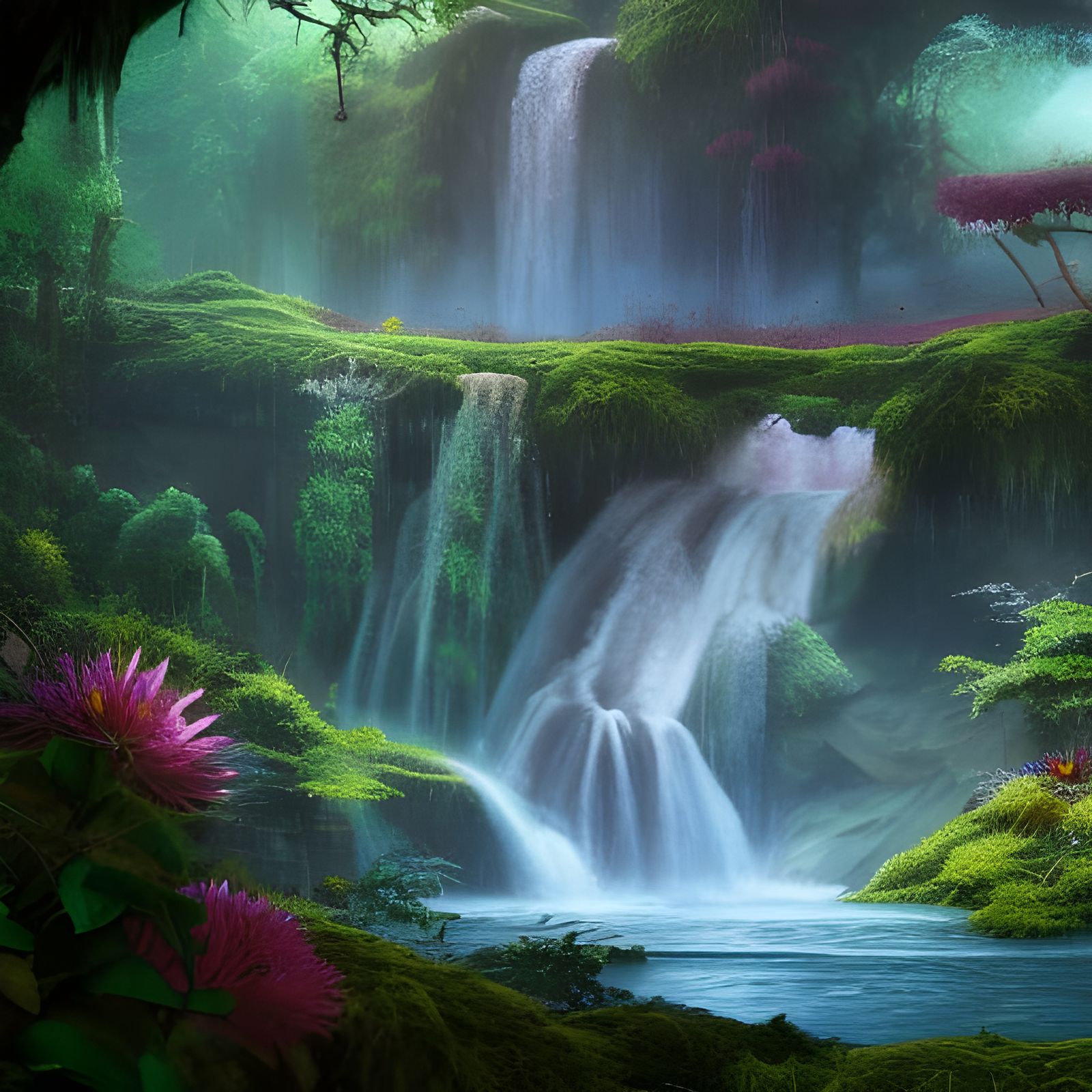 a waterfall in a dense forest. Filled with flowers and bees and ...