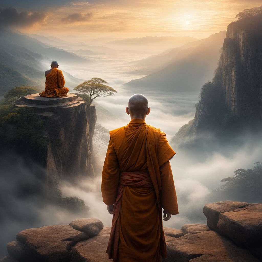 Ethereal Monk Connects with the Cosmos in a Dreamlike Landsc...
