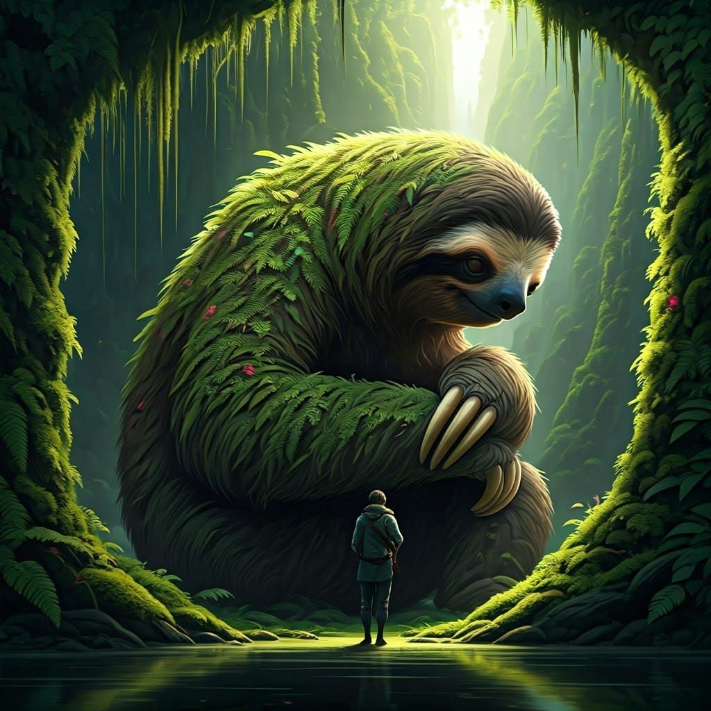 Mossy Giant Sloth Hugs Tiny Man
