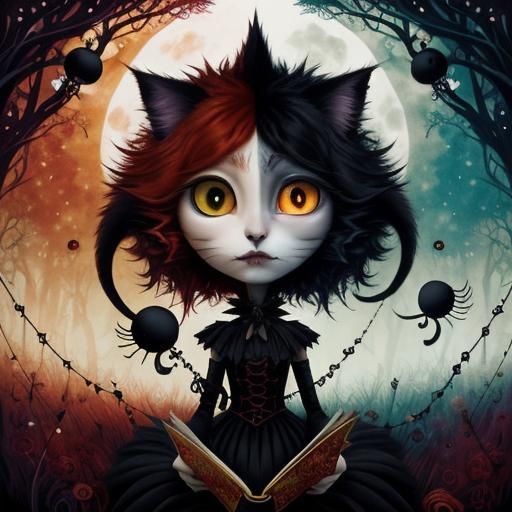 Cat Girl, Reading A Book By Andy Kehoe And Tim Burton. Big Sad Eyes, A 