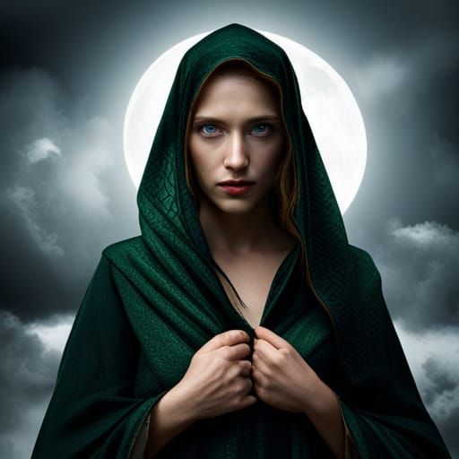 Woman with green eyes in a dark robe under the moon.
