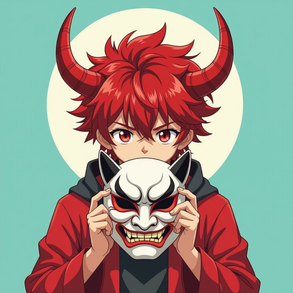 Young man and Oni mask 