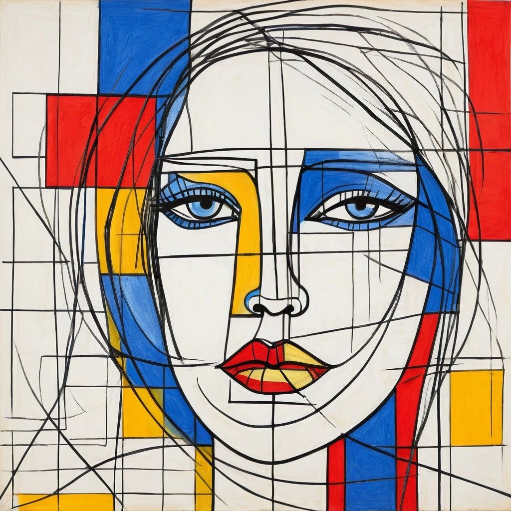 Scribble loose draft rough line cubist sketch of a primary colours faced woman in abstract squares